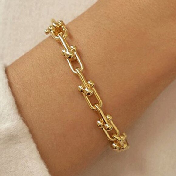 NEW Gold 925 Sterling Silver Horseshoe Link Chain Bracelet - Picture 1 of 4